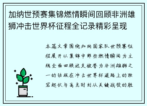 加纳世预赛集锦燃情瞬间回顾非洲雄狮冲击世界杯征程全记录精彩呈现 加纳世预赛集锦燃情瞬间回顾非洲雄狮冲击世界杯征程全记录精彩呈现